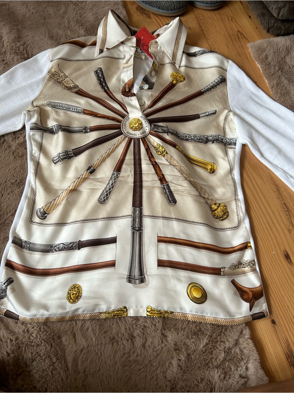 Hermes White Cream Silk-Print Long Sleeve Blouse with Gold & Brown Accents